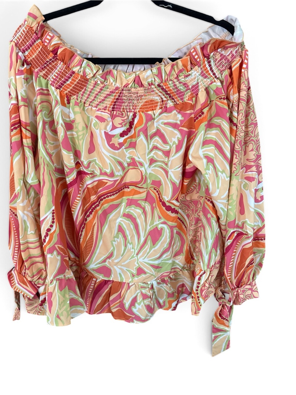 Jorge Perez Off-the-Shoulder Swirl Print Blouse in Pink & Orange